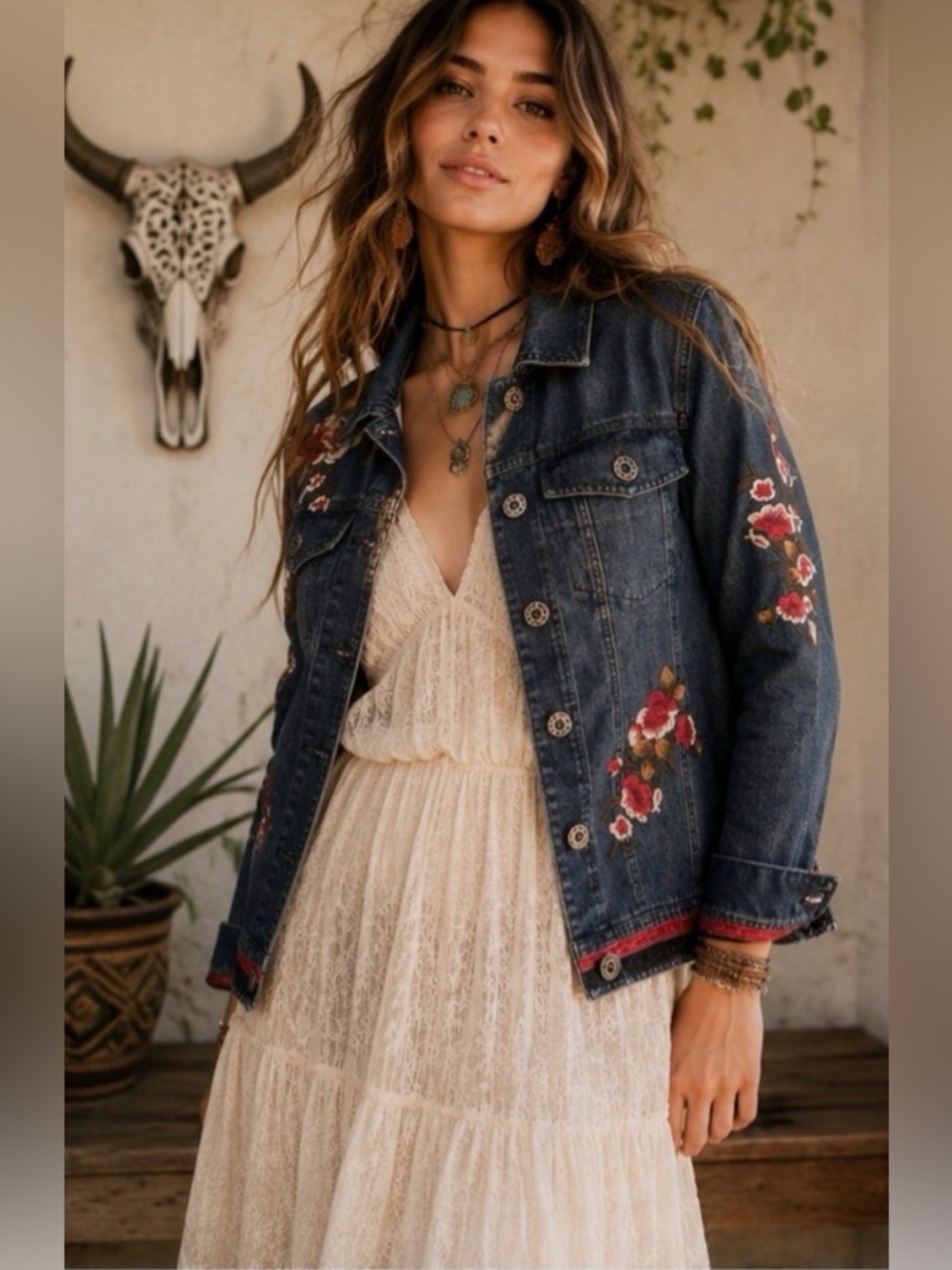 Floral Embroidered Denim Jacket Large Boho Cottagecore Western Vintage Style